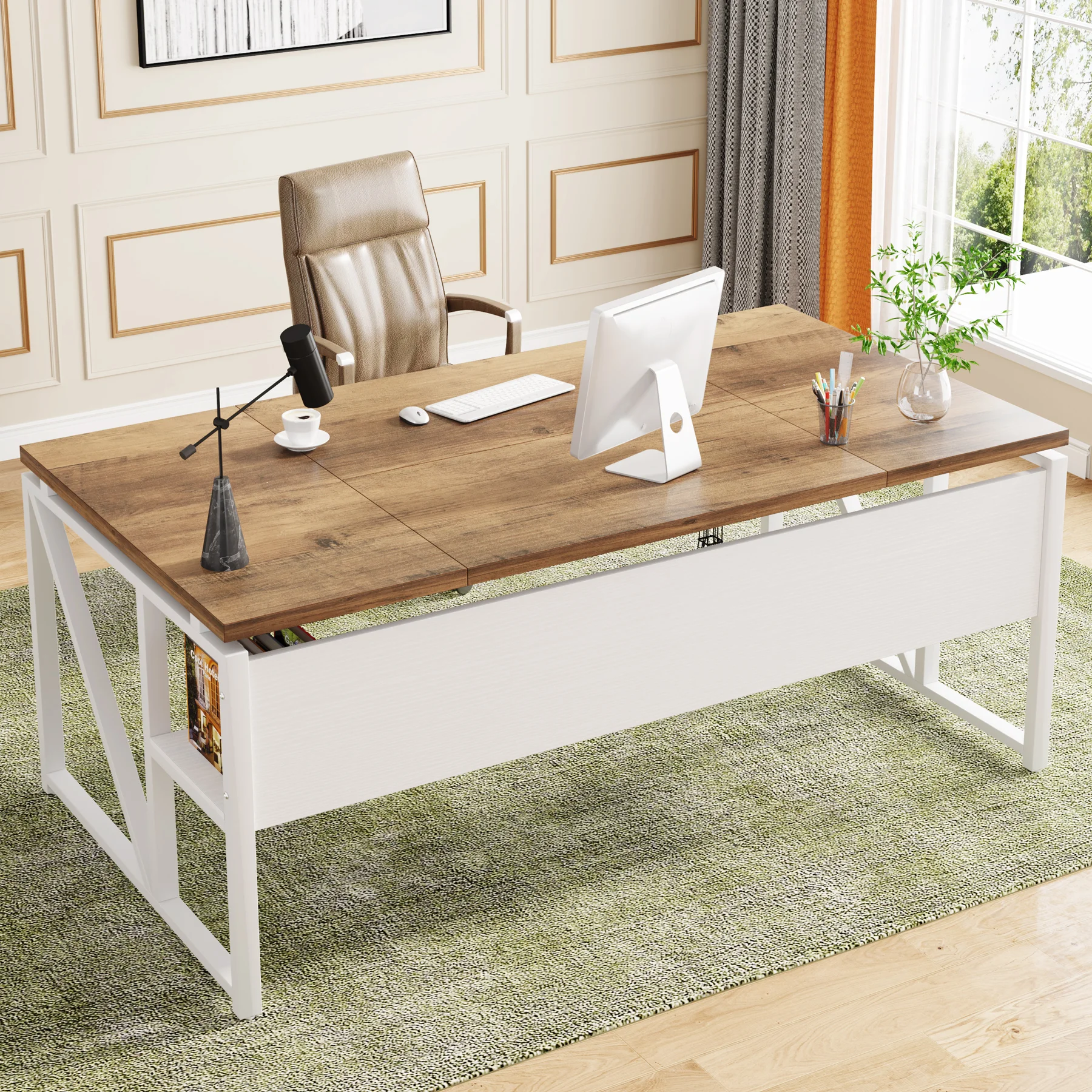 

as-Office Desk Set of 2, 63-Inch Executive Computer Desk with Bottom Storage Shelf, Free Combination Business Workstation@
