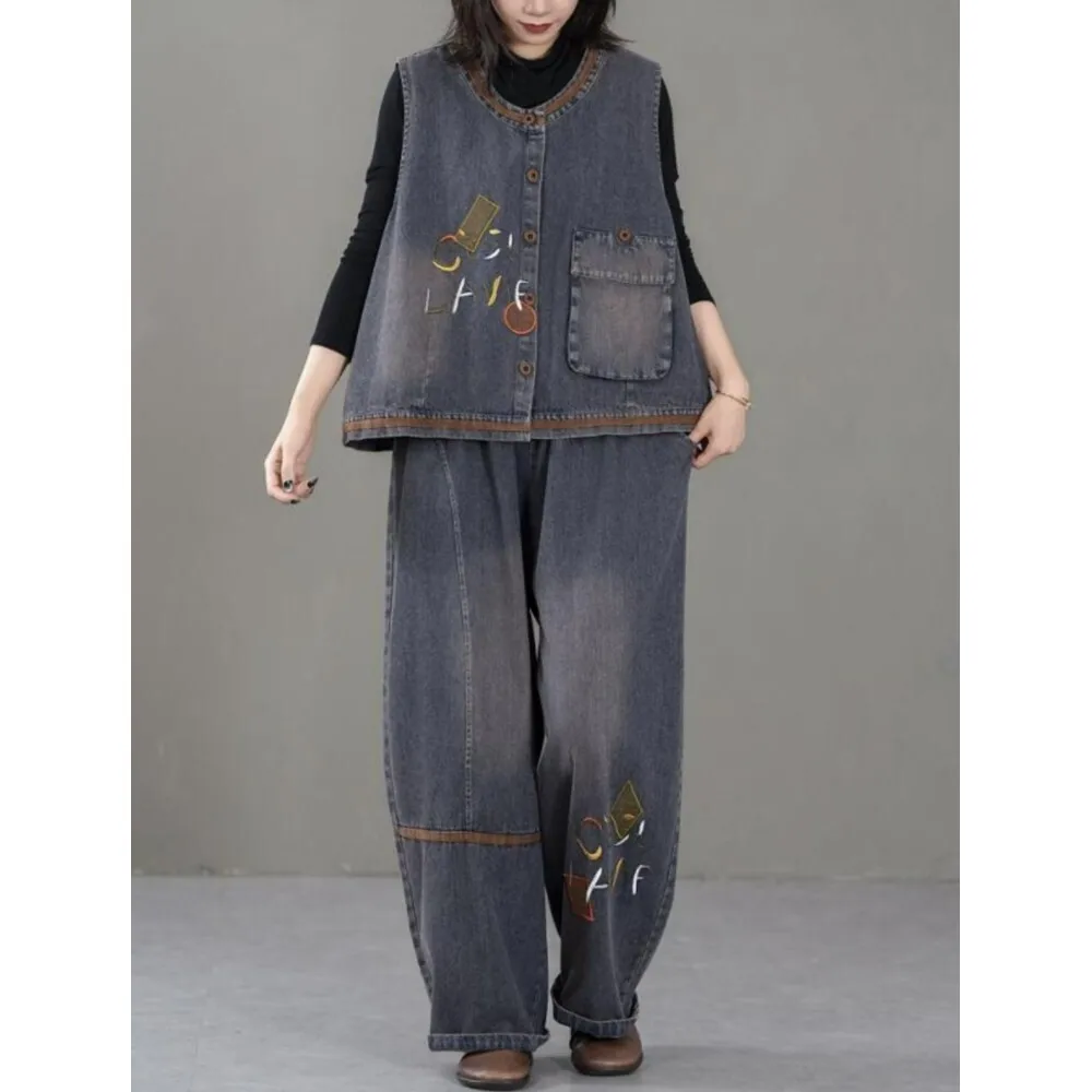 

2024 Autumn New Spliced Round Neck Embroidered Denim Vest + Elastic High Waist Wide Leg Pant Two Piece Set Women Pants Set ZF195