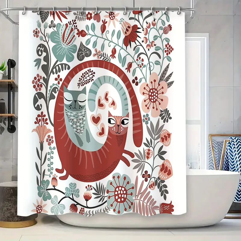 

Cute Cat Flower Shower Curtain Vintage Floral Bathroom Decor Set Waterproof Liner Farmhouse Rustic Home Textile Artistic Wall Ha