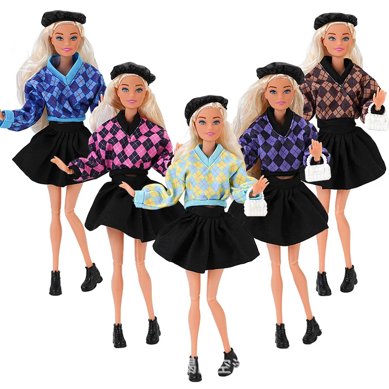 30CM Girl Princess BABI Doll Clothes Fashion Retro Plaid Top+Black Short Skirt Set 1/6 Doll Daily Dress Up For FR PP Xinyi Blyth