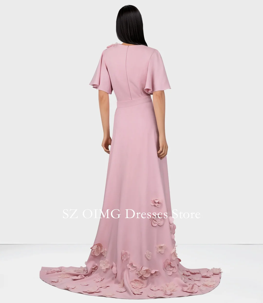 OIMG New Design O-Neck Pink Prom Dresses 3D Flowered Dress with Detachable Train Women Evening Gowns Formal Party Dress