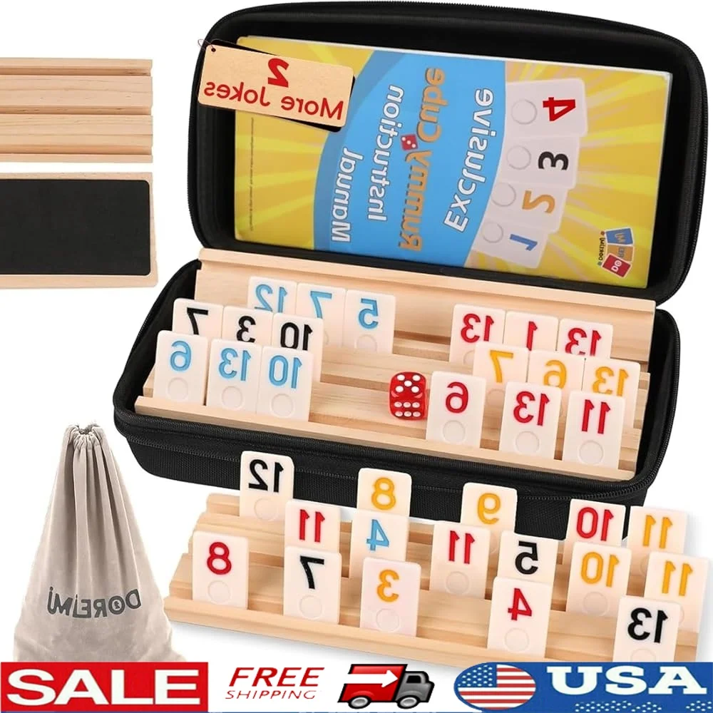 

Upgraded Rummy Cube Game Set 4 Players with 108 Tiles Wooden Racks Family Travel Board Game All Ages