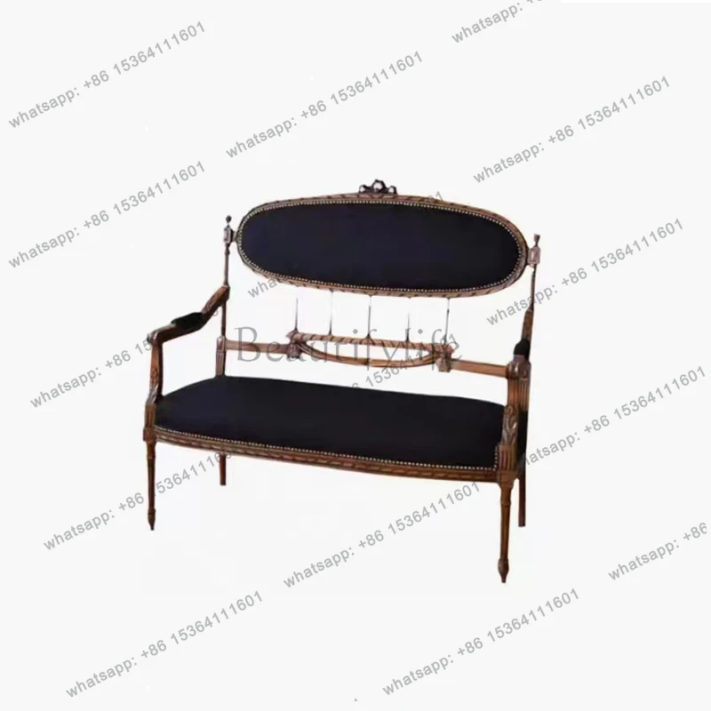 

French retro solid wood sofa fabric carved villa double high-end sofa