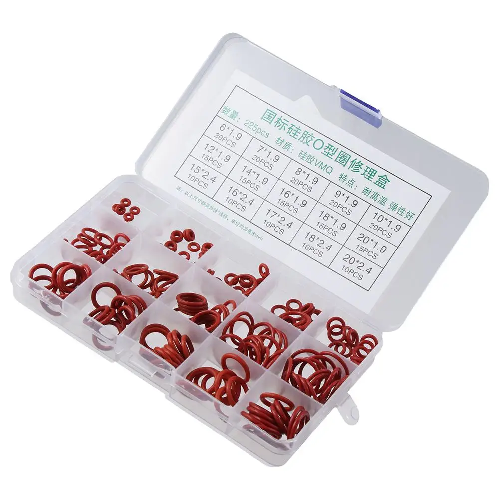 225pcs Silicone Rubber O-Ring Assortment Kit 225 Pieces 15 Sizes Metric Sealing Gasket Set