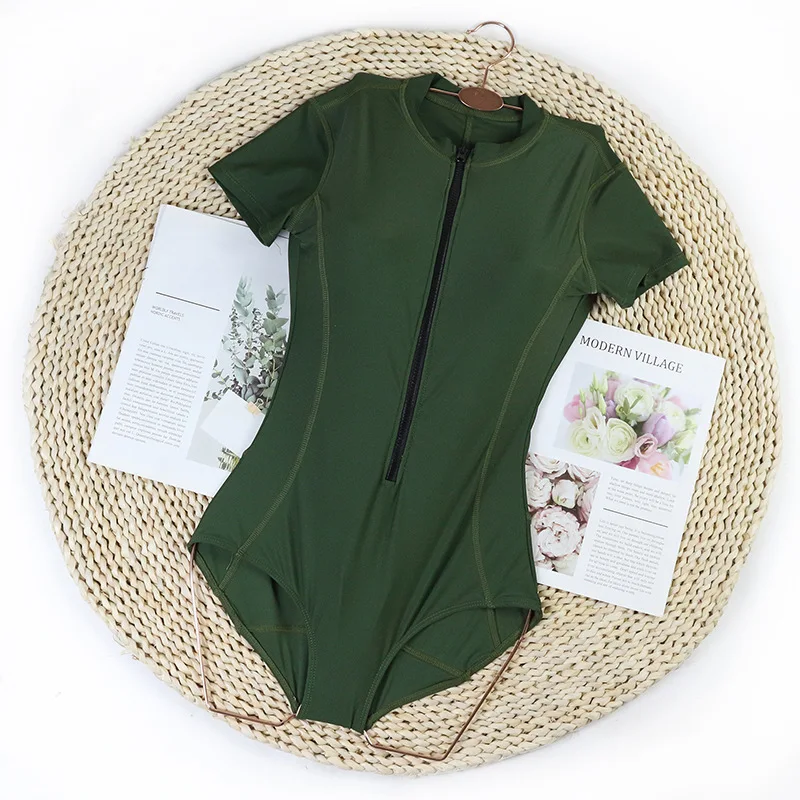 2025 New Women\'s Summer Short Sleeve V-Neck Zipper Front Monokini Rash Guard Swimsuit Slim Fit Surfing Bathing Suit Solid Color