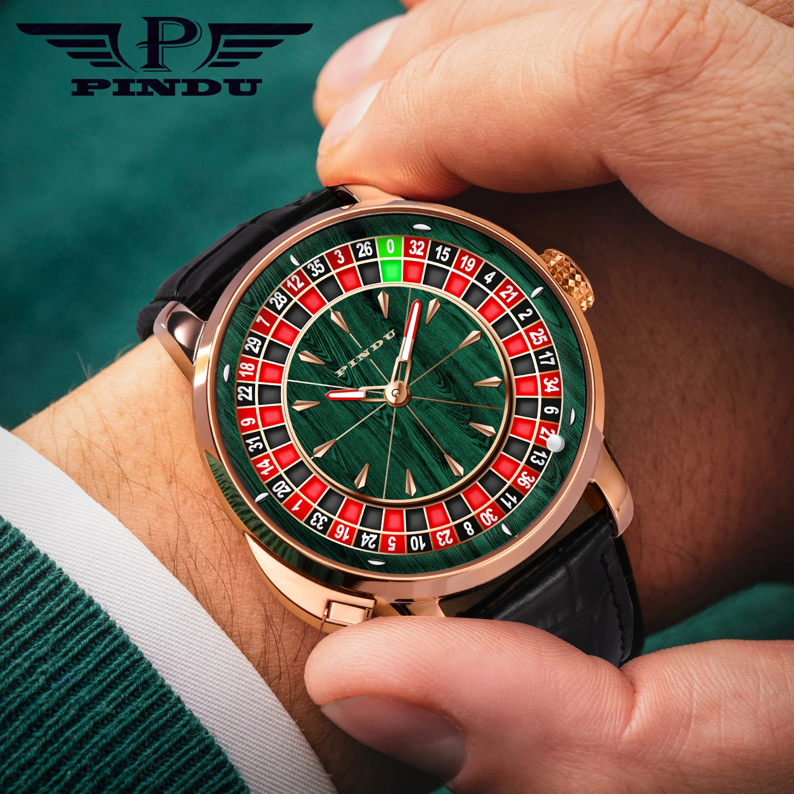 PINDU Design NEW Button Rotating wood grain dial Mechanical Watch Men NH35 Movement Stainless steel Waterproof Automatic watch