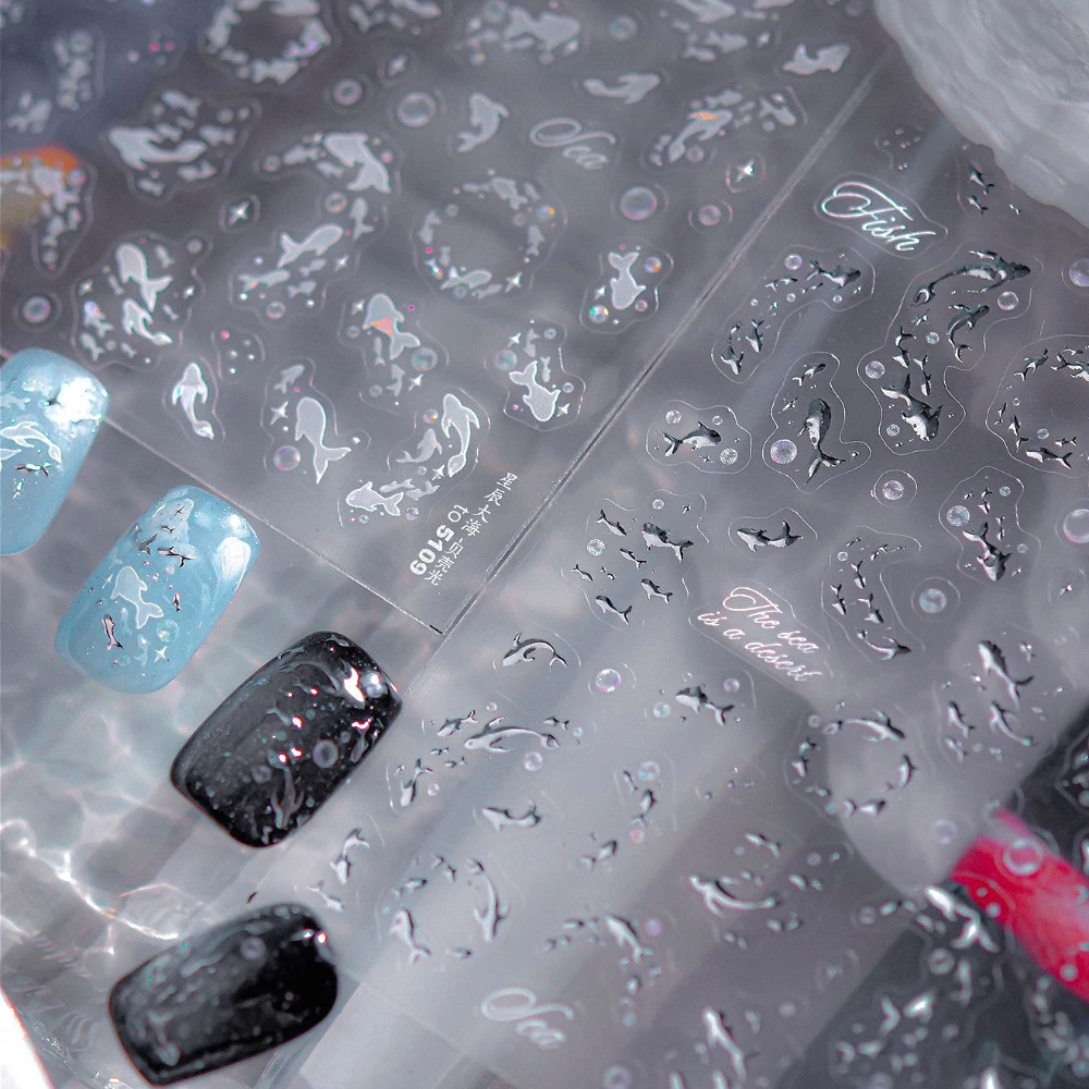 

Sparkling Fish Group Bubble Laser Silver Metallic Color 3D Nail Art Sticker Starfish Jellyfish Shell Summer Ocean Manicure Decal