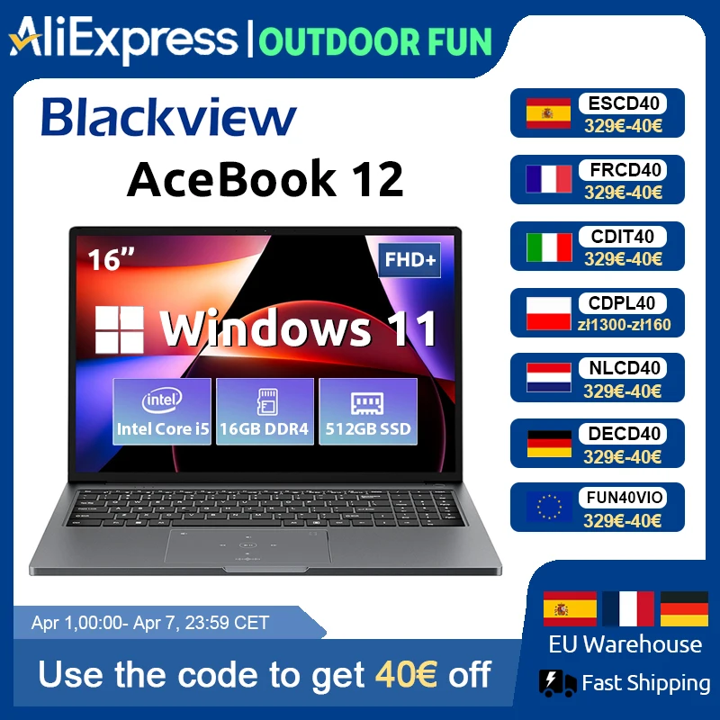 Blackview-ordenador portátil 12 Win 11, 16 ", IPS FHD, Intel I5-1030NG7, 16GB de RAM, 512GB SSD, botón de encendido de huella dactilar 2 en 1