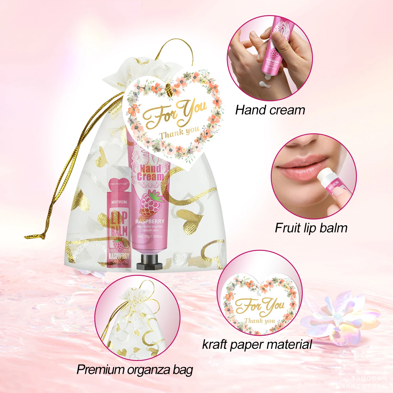 12 Sets/Box Lip Balm and Hand Cream Set with Love Bag and Thank You Card, Assembled, Bride Wedding Gifts for Guests, Company Tea