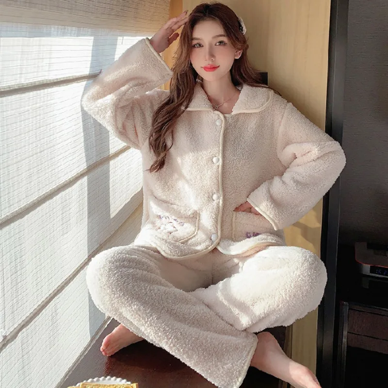 5XL Large Size Coral Fleece Pajamas Women Winter Flannel Cartoon Long Sleeve Loungewear  Cardigan Long Sleeved Home Clothes