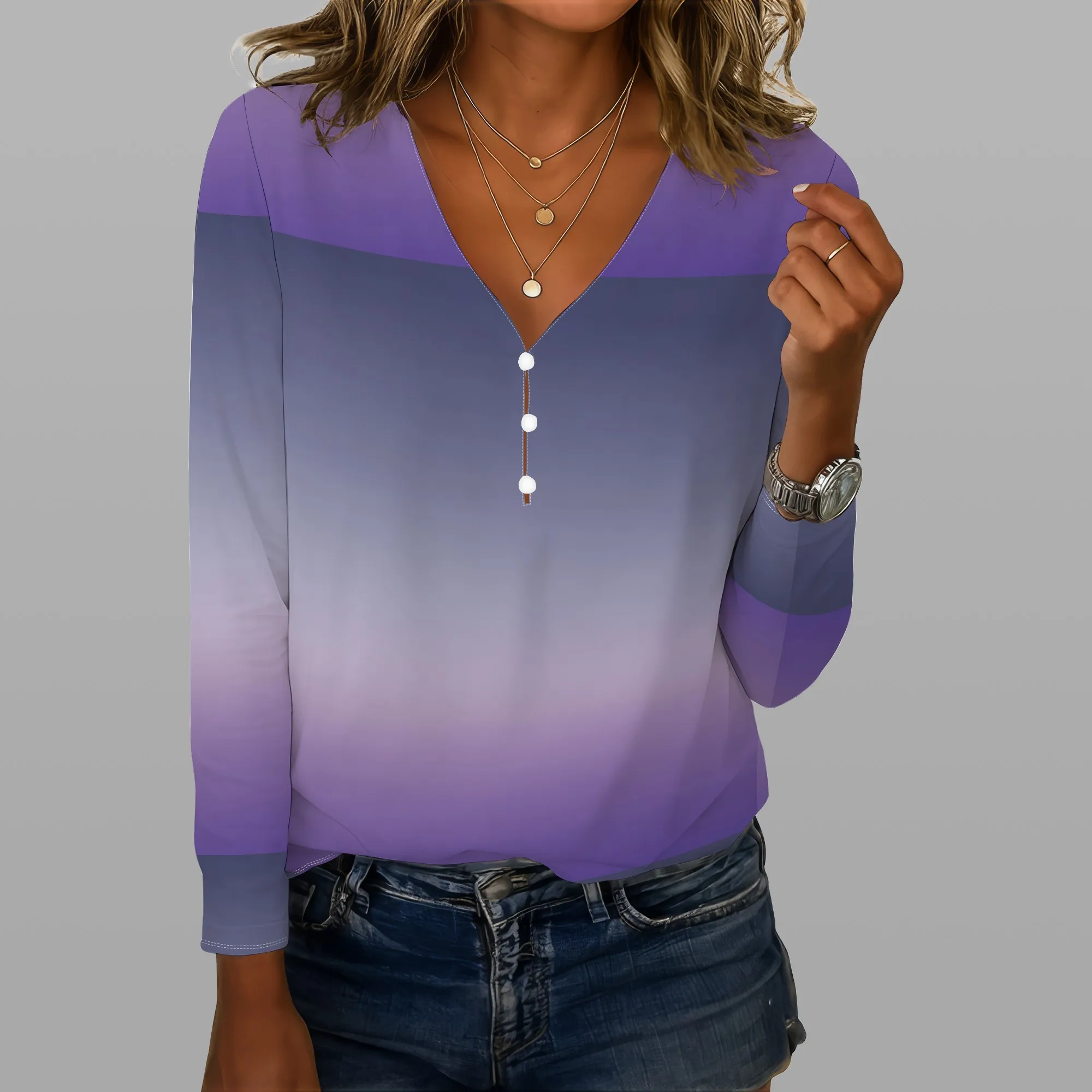 Camicie con scollo a V a maniche lunghe da donna Pullover con bottoni alla moda in colore sfumato Top Camicette floreali comode casual autunno inverno