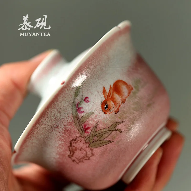 Mu Yan Ceramics Kiln-Turned Three-Talents Gaiwan Cup, Handmade Hand-Painted Rabbit Gaiwan, Creative Kung Fu Tea Bowl