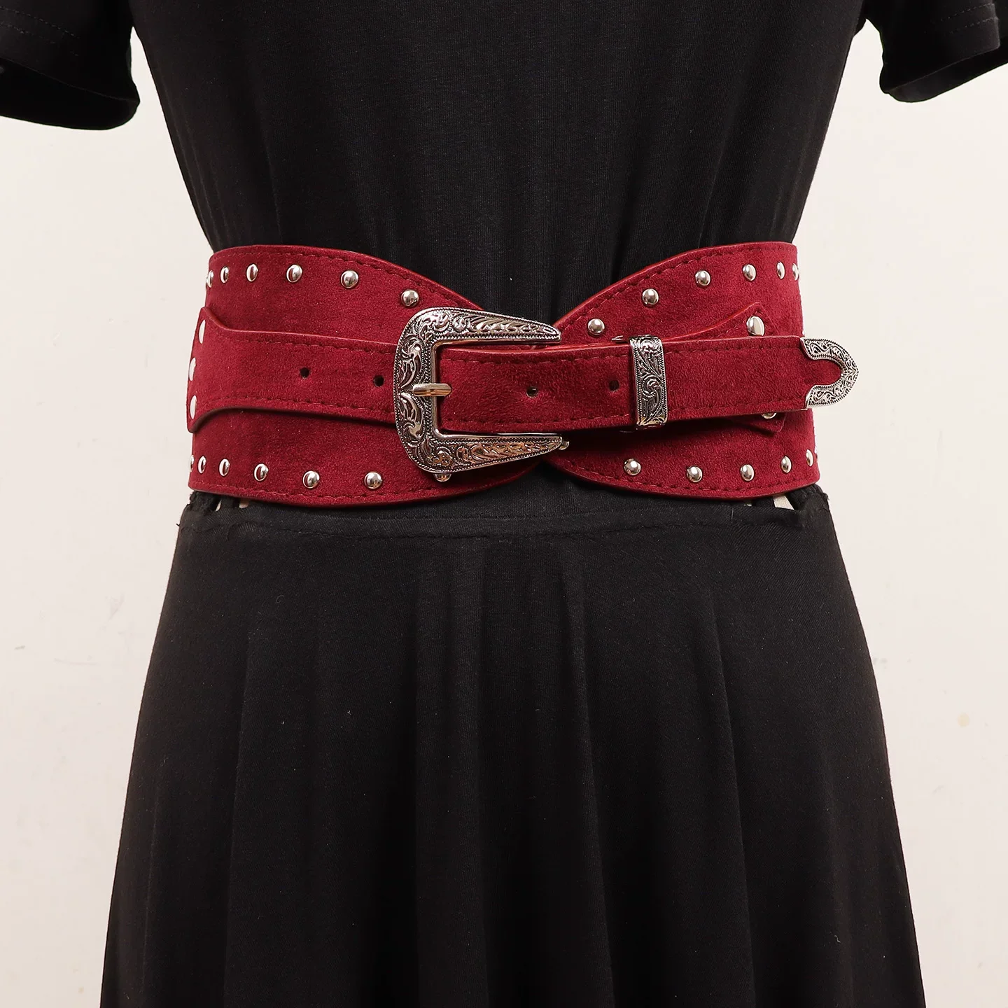Women's Vintage Faux Suede Leather Rivet Punk Cummerbunds Female Dress Corsets Waistband Belts Decoration Wide Belt R3255