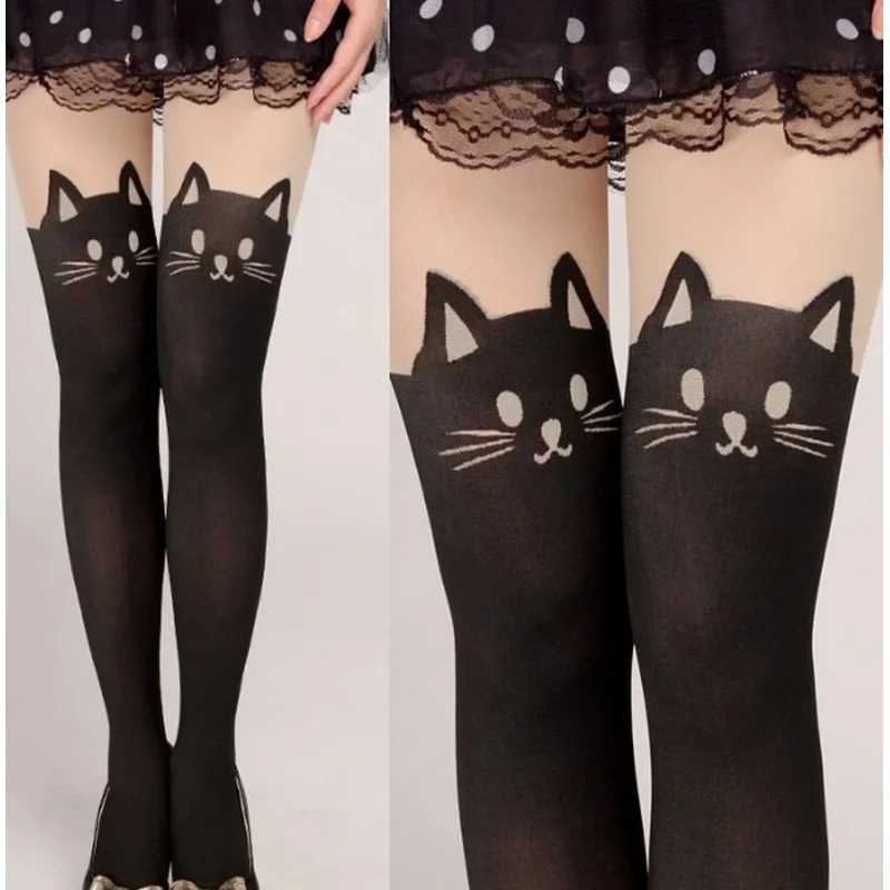 Medias por encima de la rodilla para mujer, medias de dibujos animados de Totoro, medias altas falsas, medias finas de seda con estampado de gato, medias largas y sexys