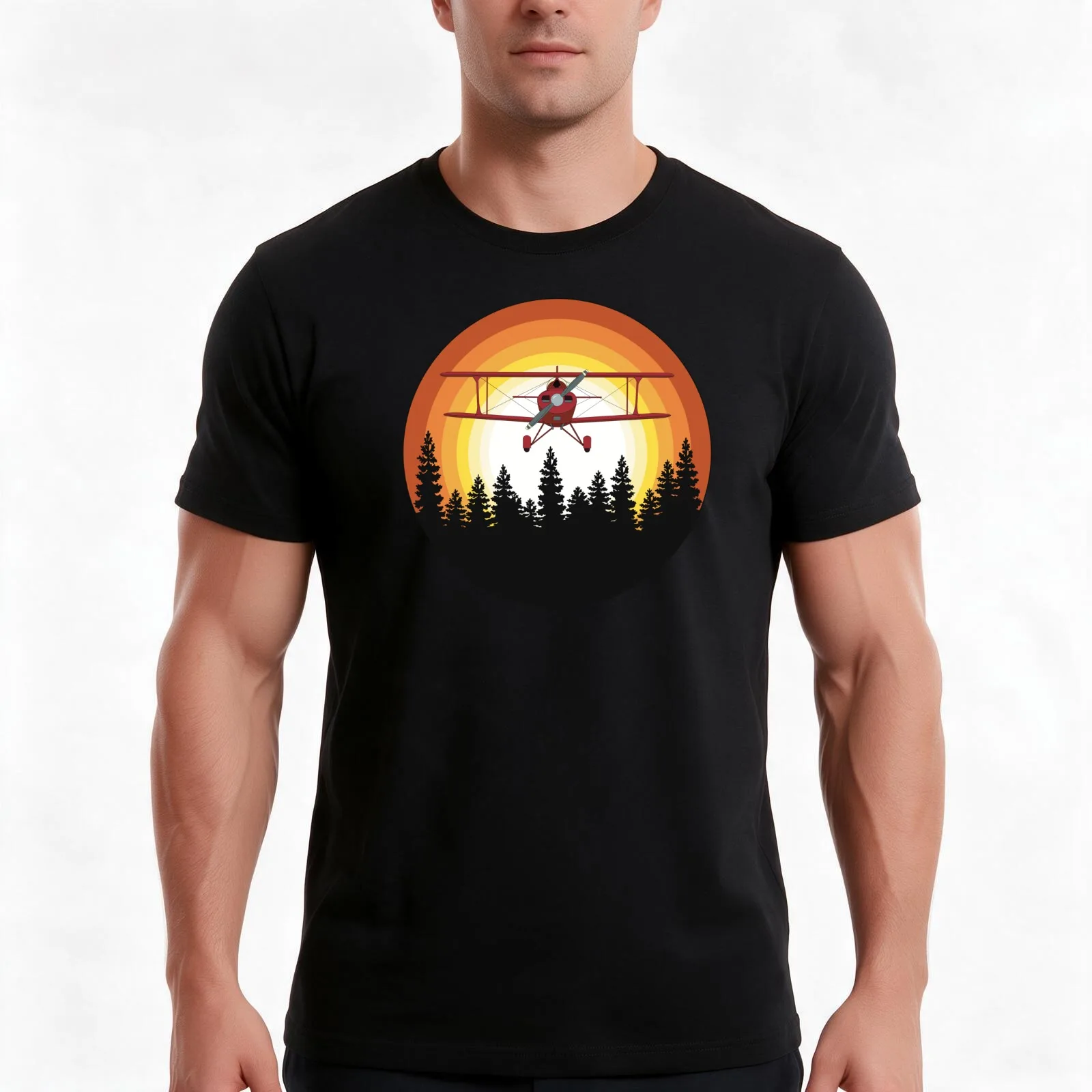 Pitts Biplane Flying in Orange Sunset Sky Aviation Design T-Shirt, Summer Casual Cotton Tee, Oversized Streetwear Tops