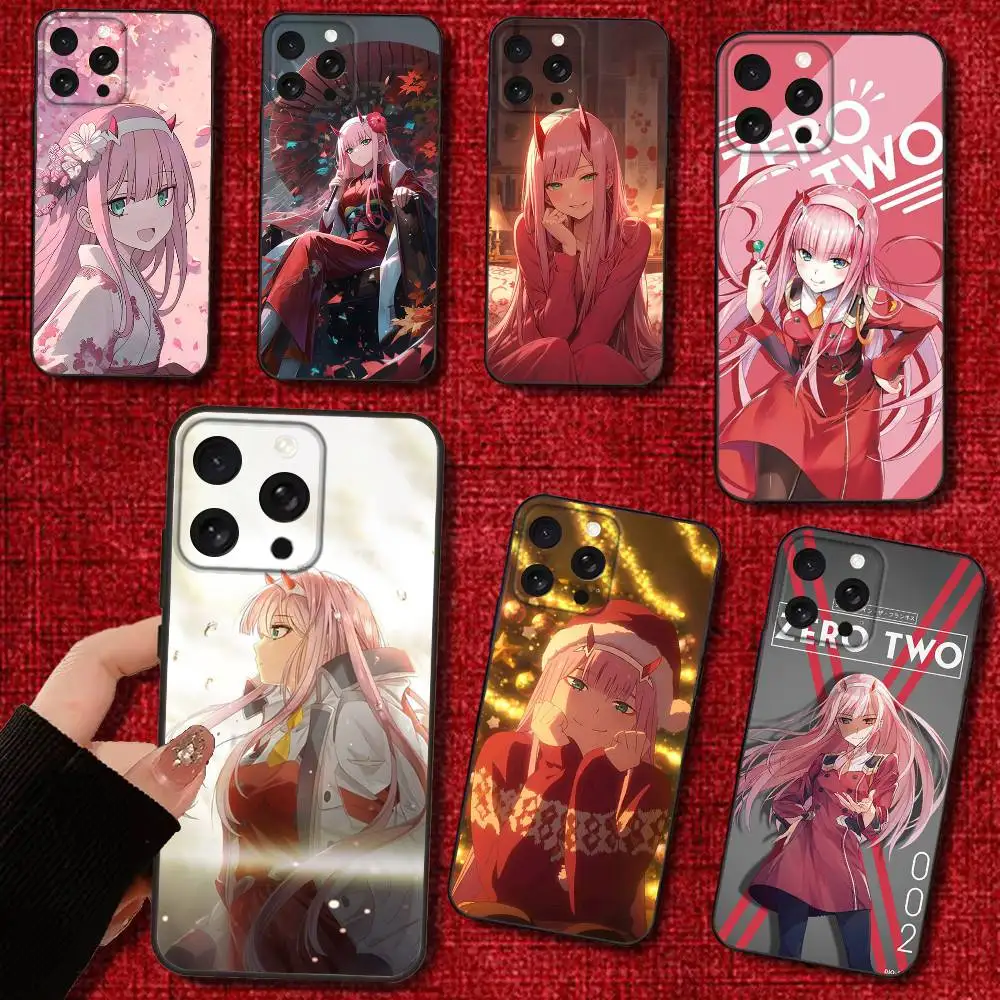 حافظة هاتف Zero Two Anime لهاتف iPhone 16e,16,15,14,13,12,11,Pro,X,XS,Max,XR,Plus,غطاء أسود ناعم صغير