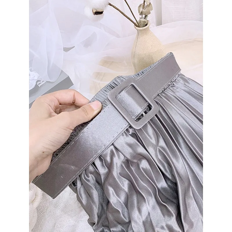 Tinaa Elegant Satin Pleated Skirt Female 2026 Stylish A-line Solid Color High Waist Officewear Elegant Skirt with Belt 120694