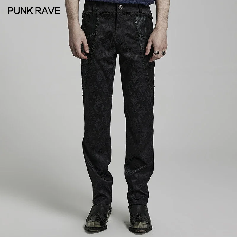 

PUNK RAVE Men's Gothic Gorgeous Jacquard Printed Trousers Dark Slim Fit Party Men Pants 3D Lace Winding Decoration