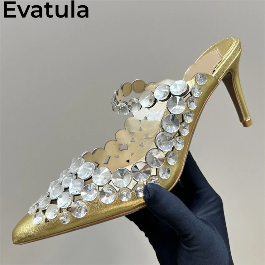 Inlay Clear Gemstones High Heels Slippers Women Pointy Toe Gladiator Mules Slippers 2025 Summer Sexy Crystal Party Shoes Mujer