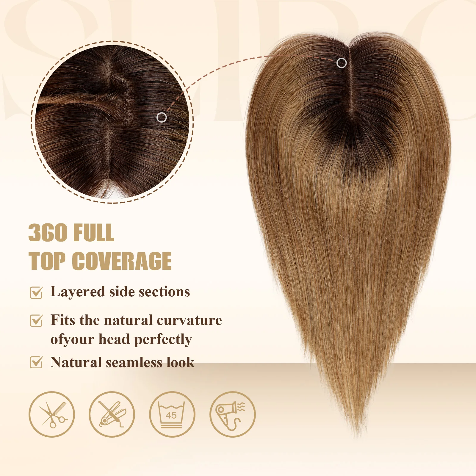 Light Brown Ombre Remy Human Hair Toppers Clips in 12 Inches Straight Hairpiece Extensions for Women 100% Remy Human Hair Topper