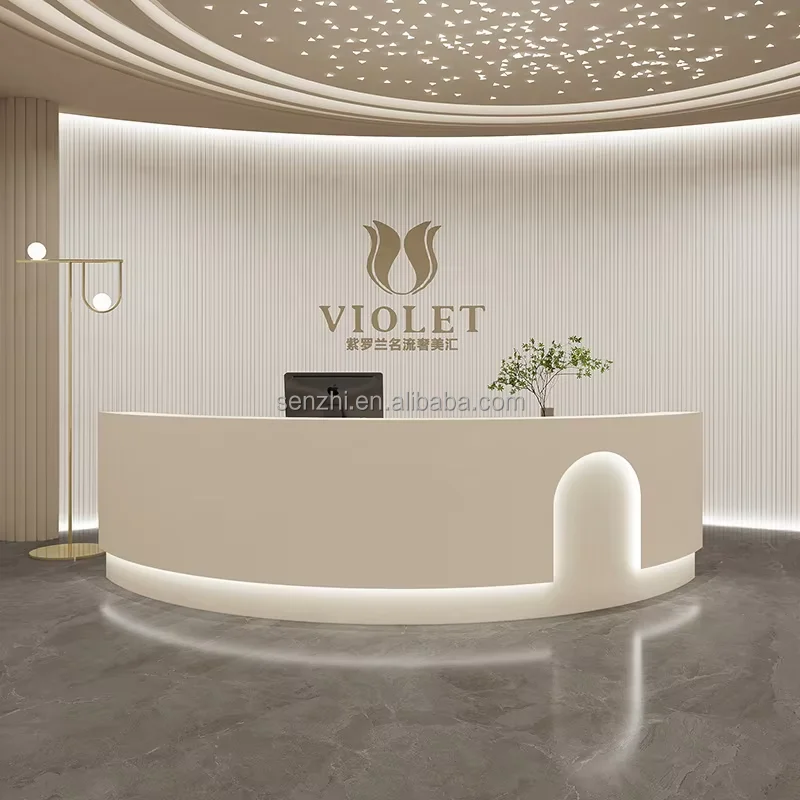 

Modern Style Curved Circular Design with Colored Lights Multi-person Storage Front Desk Beautiful Salon