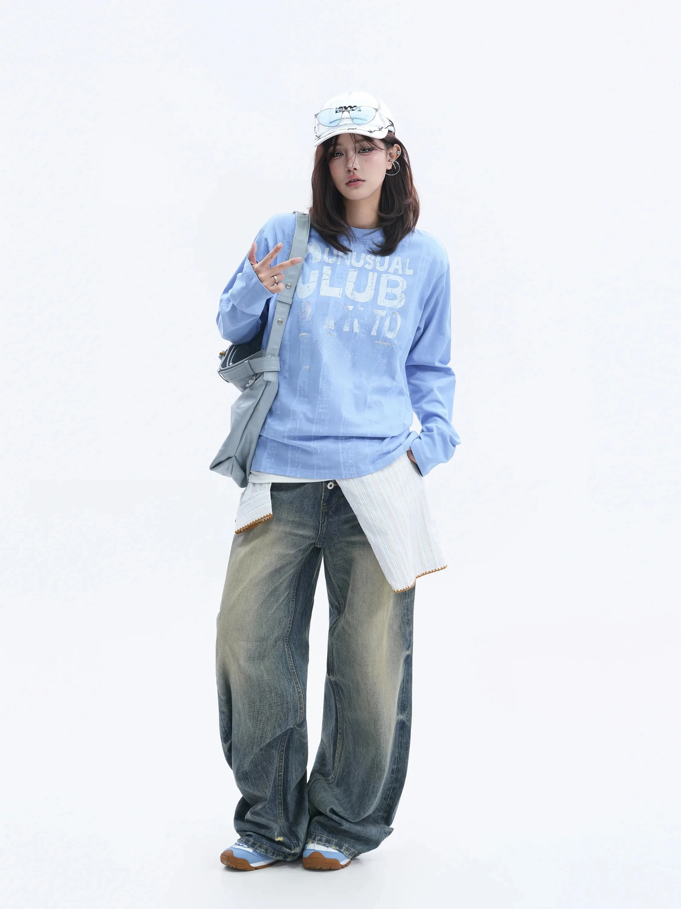 Retro American Loose Fit Long Sleeve T-Shirt Women's Crumpled Lettering Vertical Stripe Texture Small Ball Ball Top