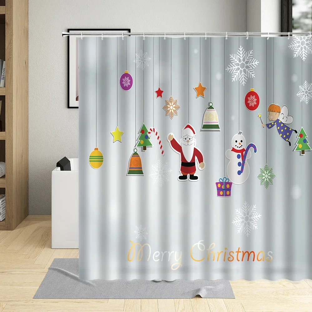 Christmas Shower Curtain Colorful Graphic Baubles Retro Snowflake Ornaments Celebration Hand Writing Fabric Bathroom Decor Sets