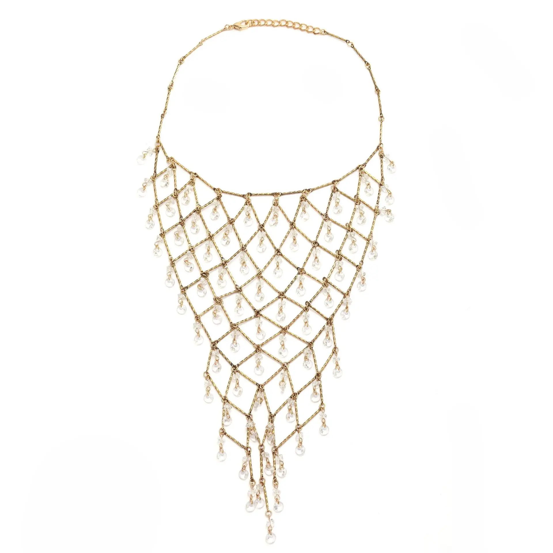Bohemia Vintage Metallgitter-Kristall-Quasten-Anhänger-Halskette für Frauen, Tropfenförmige Perlen-Statement-Choker-Halskette Accessoires – Detail 3