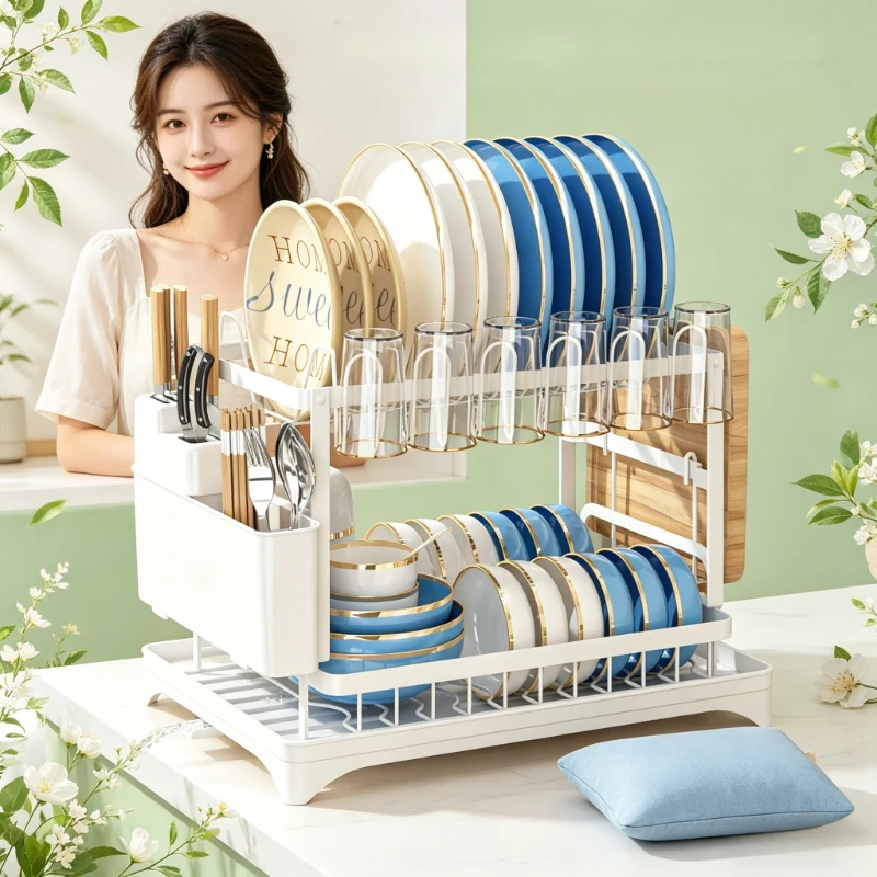 

Многофункциональная двухуровневая сушилка для посуды с поддоном, нержавеющая, экономит место, для хранения на кухне, с держателями для столовых приборов и чашек