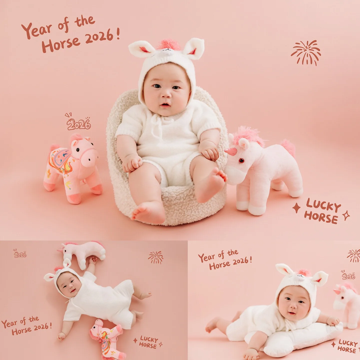 

Newborn Photography Props 2026 Pink Horse Year Theme Set Blanket Outfit Set Horses Doll Decors for Studio Photoshoot Clothing