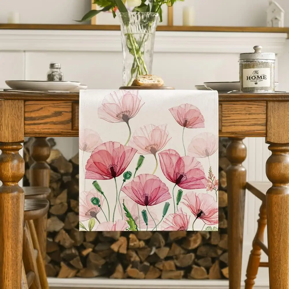 Corn Poppy Leaves Summer Linen Table Runner Seasonal Spring Dresser Scarf Table Decor Kitchen Wedding Party Dining Table Runner