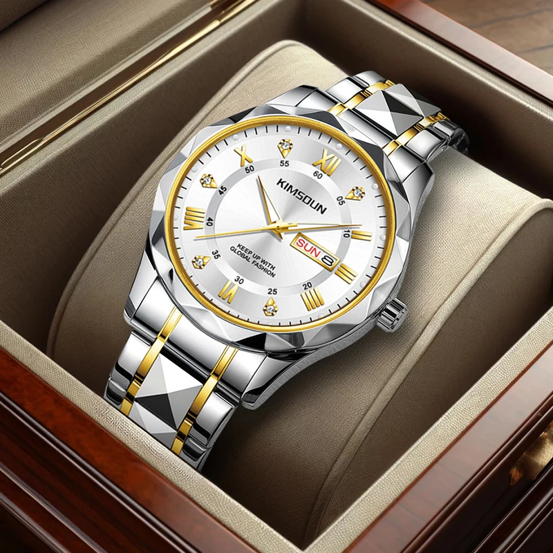 

Мужские кварцевые наручные часы в минималистском стиле с серебряным циферблатом, стальным ремешком золотого тона и ромбовидным календарем.