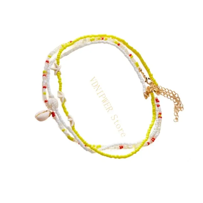 قلادة من الخرز مع السلاحف البحرية المصنوعة يدويًا شل نجمات نجمات قلادة ترقاء سلسلة مجوهرات متعددة الطبقات لقضاء العطلة D08E