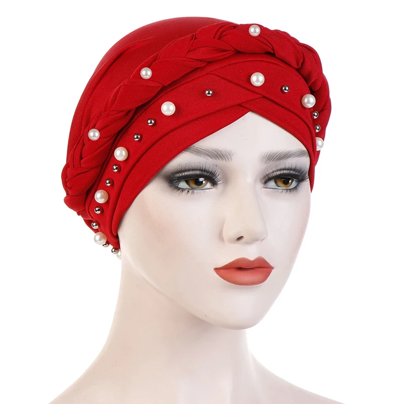 Braid Cross Forehead Women Hijabs with Faux Pearl Decor Solid Color Muslim Female Head Scarf Elegant Turban for Women Elastic