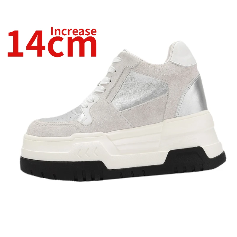 

Genuine Leather Height Increasing Shoes for Women's Increased 14cm Design Casual Shoe Europe/American Silver Gray Elevated Shoes