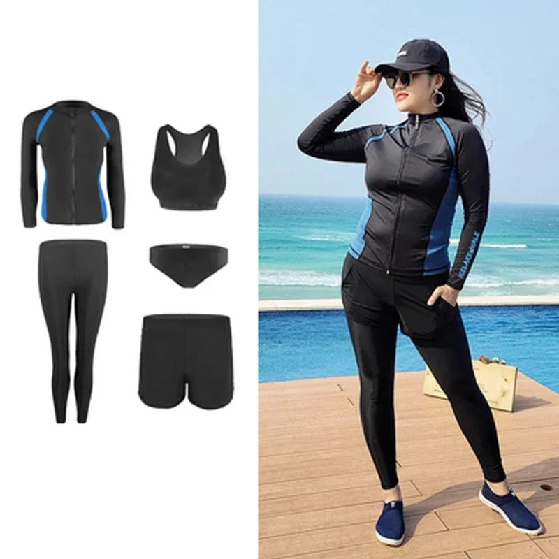 

5 Pieces Patchwork Flower Print Surfing Suit 2024 New Women Sports Wear Summer Swimsuit Lady Plus Size Beach Rashguards Swimwer