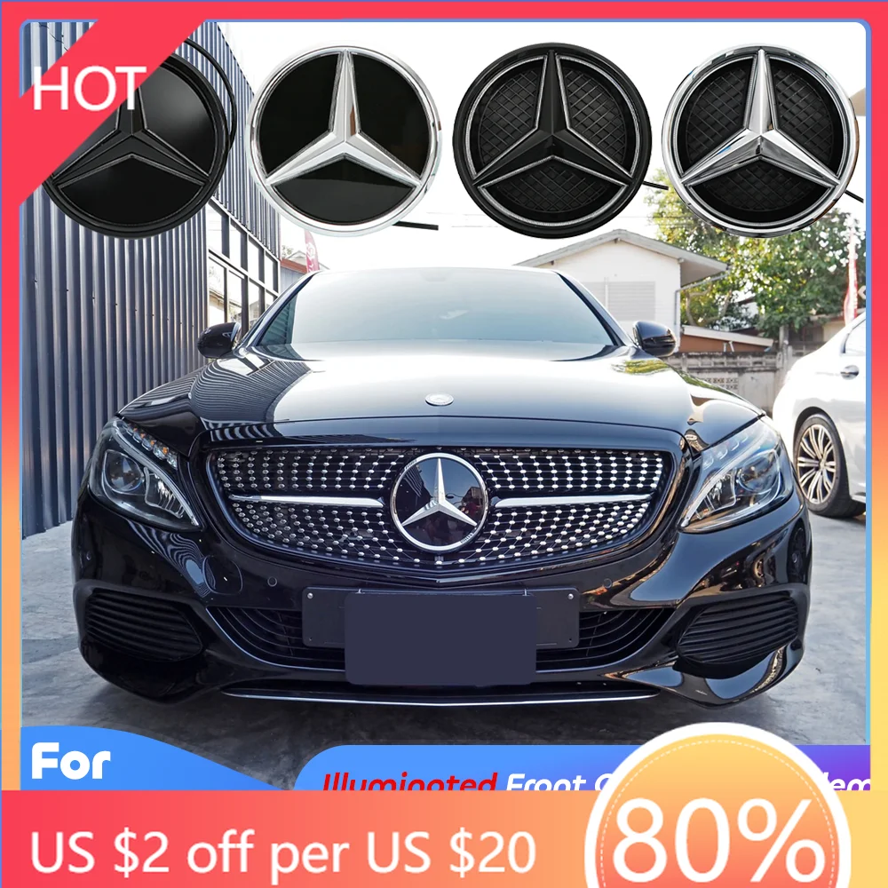 

Колпаки ступицы Передняя решетка Звездный логотип 3D Зеркальная эмблема со светодиодной подсветкой Хром Серебристый Глянцевый Матовый Черный Для Mercedes Benz W176 A180