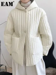 [Eam] casaco acolchoado de algodão bege com capuz, tamanho grande, manga comprida, ajuste solto, parkas femininas, moda maré, novo outono inverno 2024 1dh3820