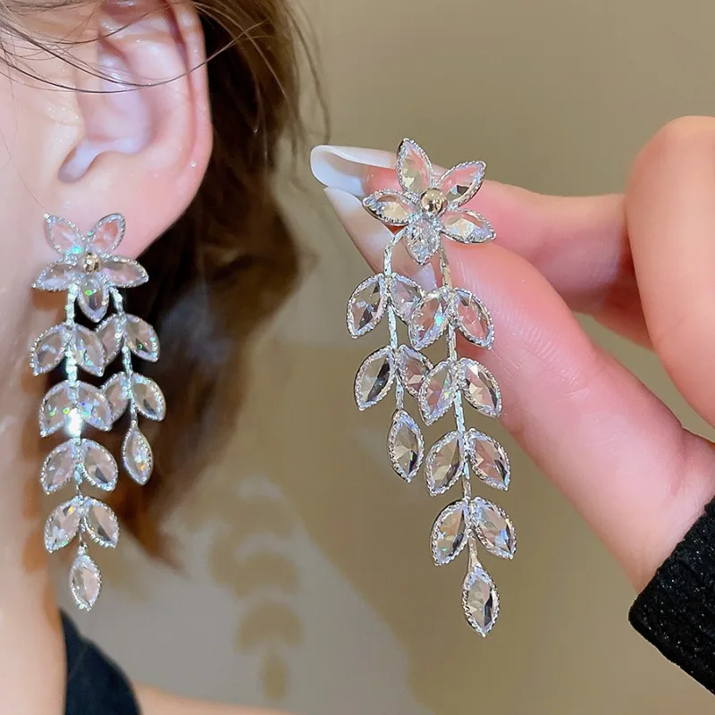 

Minar Luxury Shiny Full CZ Cubic Zirconia Flower Ear Tassel Long Dangle Earrings for Women Silver Plated Copper Daily Jewelry