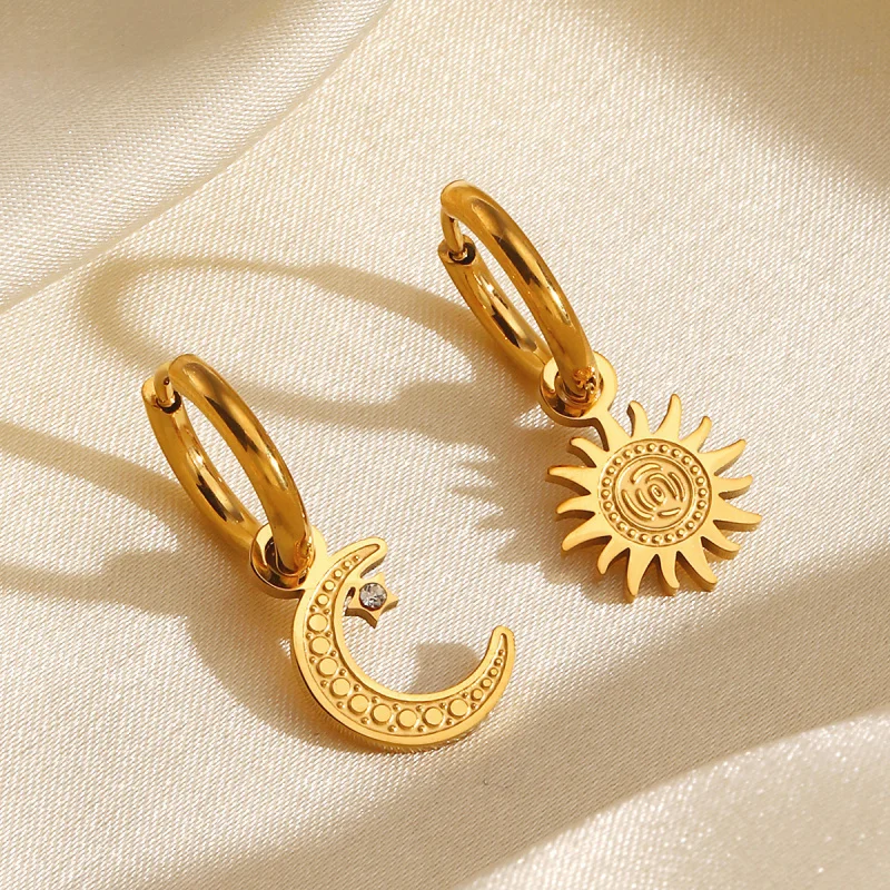 Sun and Moon Titanium Steel Earrings, Simple  Asymmetrical Rhinestone Drop Earrings, High-end Earrings for Women