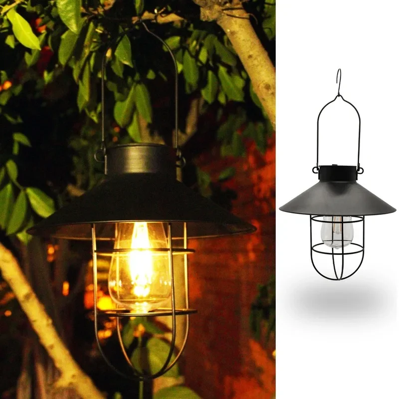 

Lamp Outdoor Hanging Waterproof Vintage Metal Solar Garden Lights with Tungsten Bulb Decorative Patio Backyard Light Fixtures