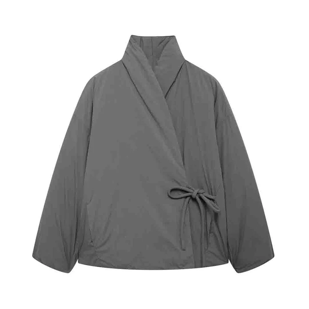 

UNIZERA 2024 Autumn/Winter New Product Casual Women's Wear V-neck Bow Series Double breasted Kimono style Cotton Jacket
