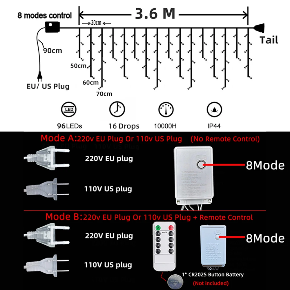 3.5M Christmas Garland LED Curtain Icicle Fairy String Lights Droop 0.5-0.7m AC 220V For Home Garden Street Outdoor Decoration