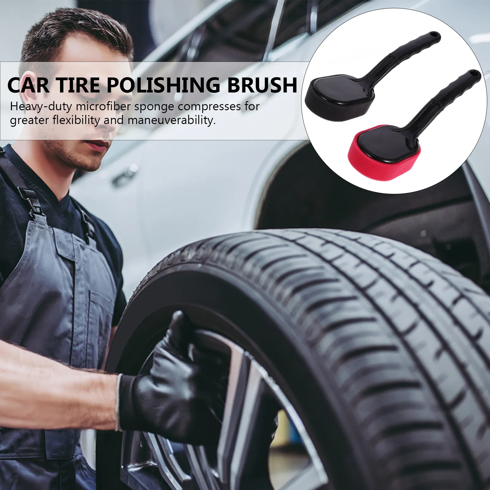 2Pcs Car Tire Waxing Brush with Replaceable Microfiber Sponge Head Heavy-Duty ABS Handle for Easy Tire Polishing Cleaning