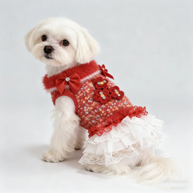 Lovely Puppy Dog Cats Clothing Cute Wool Knit Flower Lace Sling Dresses For Small Medium Dog Maltese Yorkshire Pet Clothes Skirt