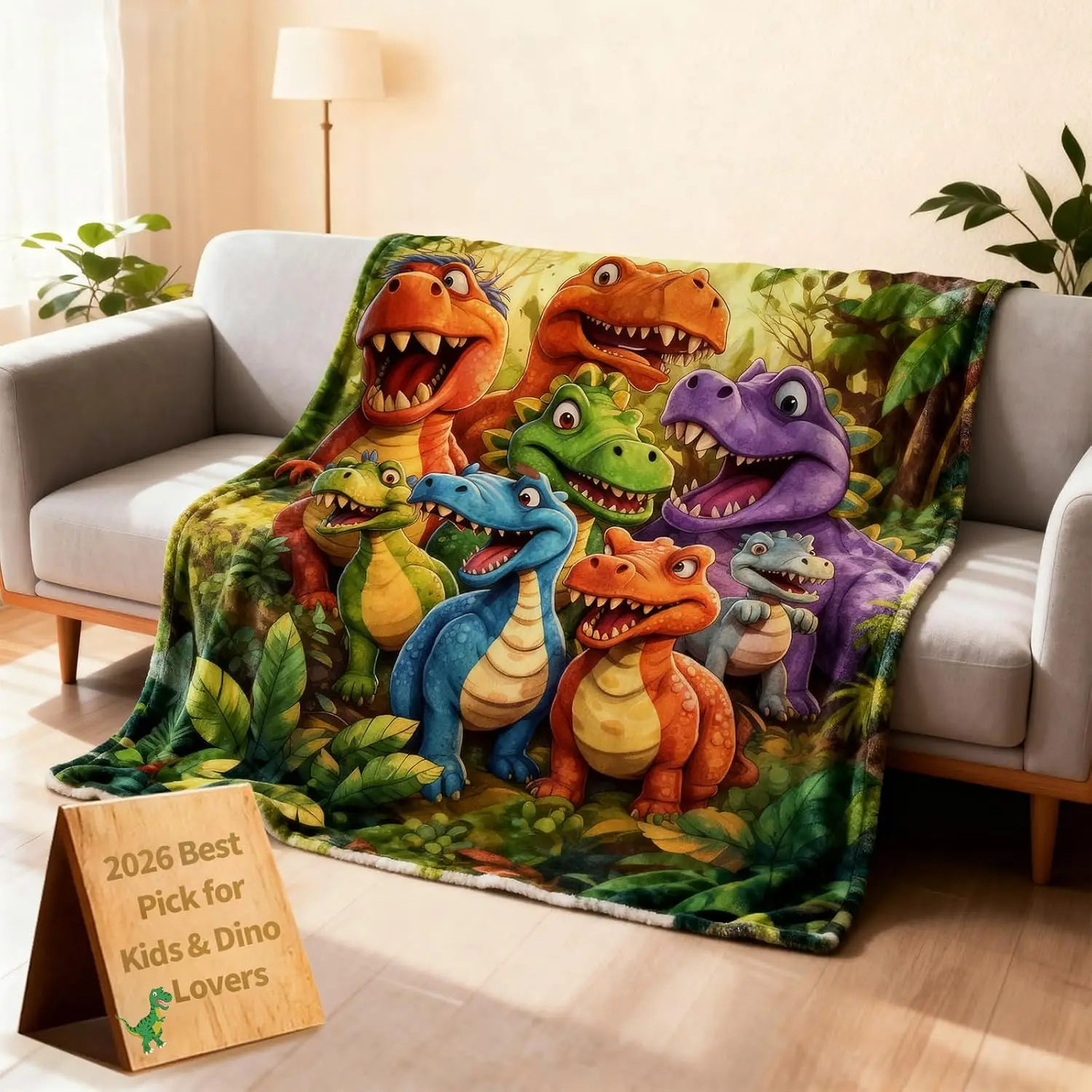 Colorful Cartoon Dinosaur Jungle Forest Print Green Base Flannel Throw Blanket, Soft Warm Sofa Cover, Dino Lover Kids Bedroom