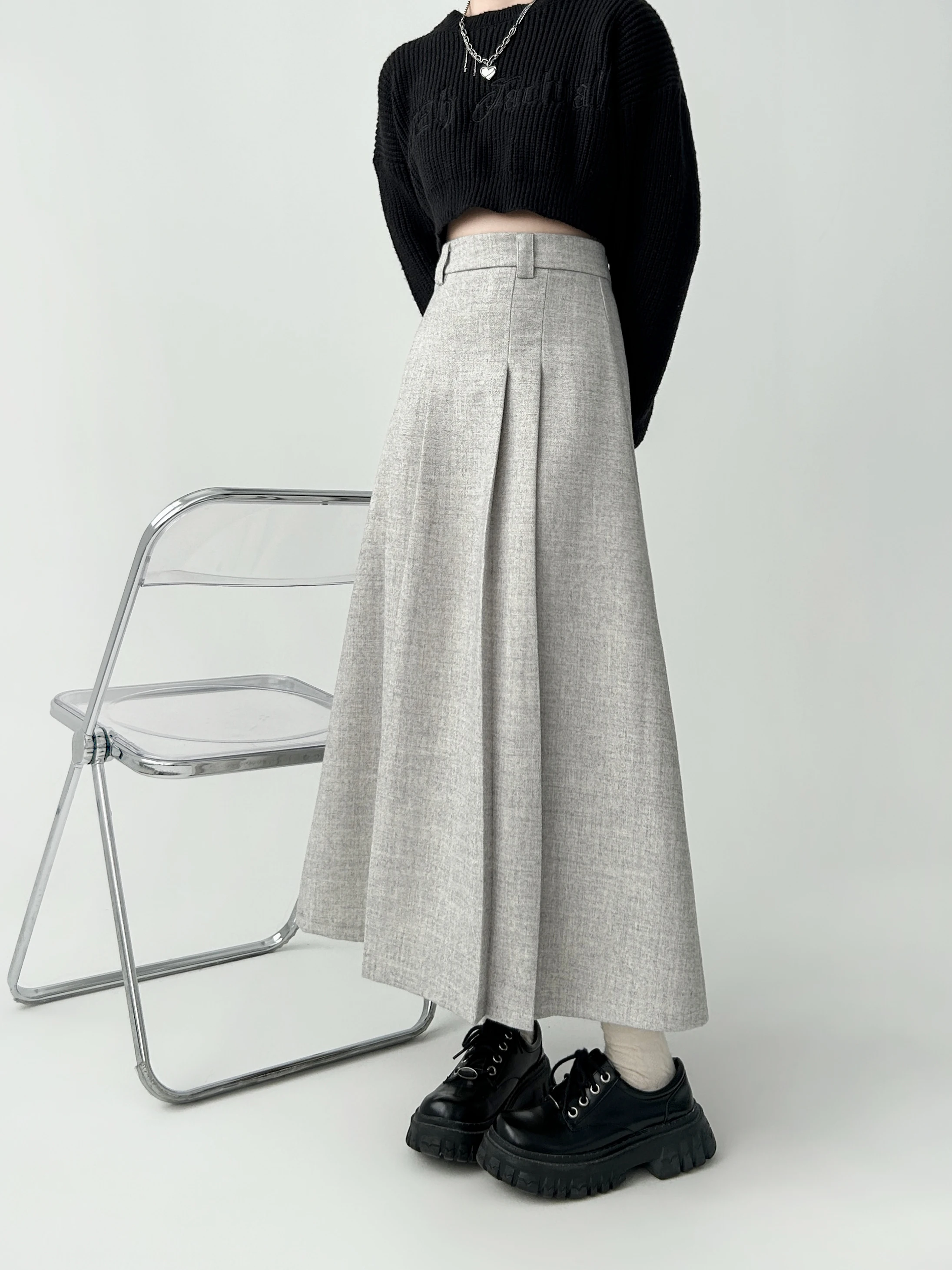 Women\'s A-line Black Pleated Skirt Vintage 90s Aesthetic Y2k Grey Long Skirt Harajuku Korean Skirts 2000s Clothes 2024