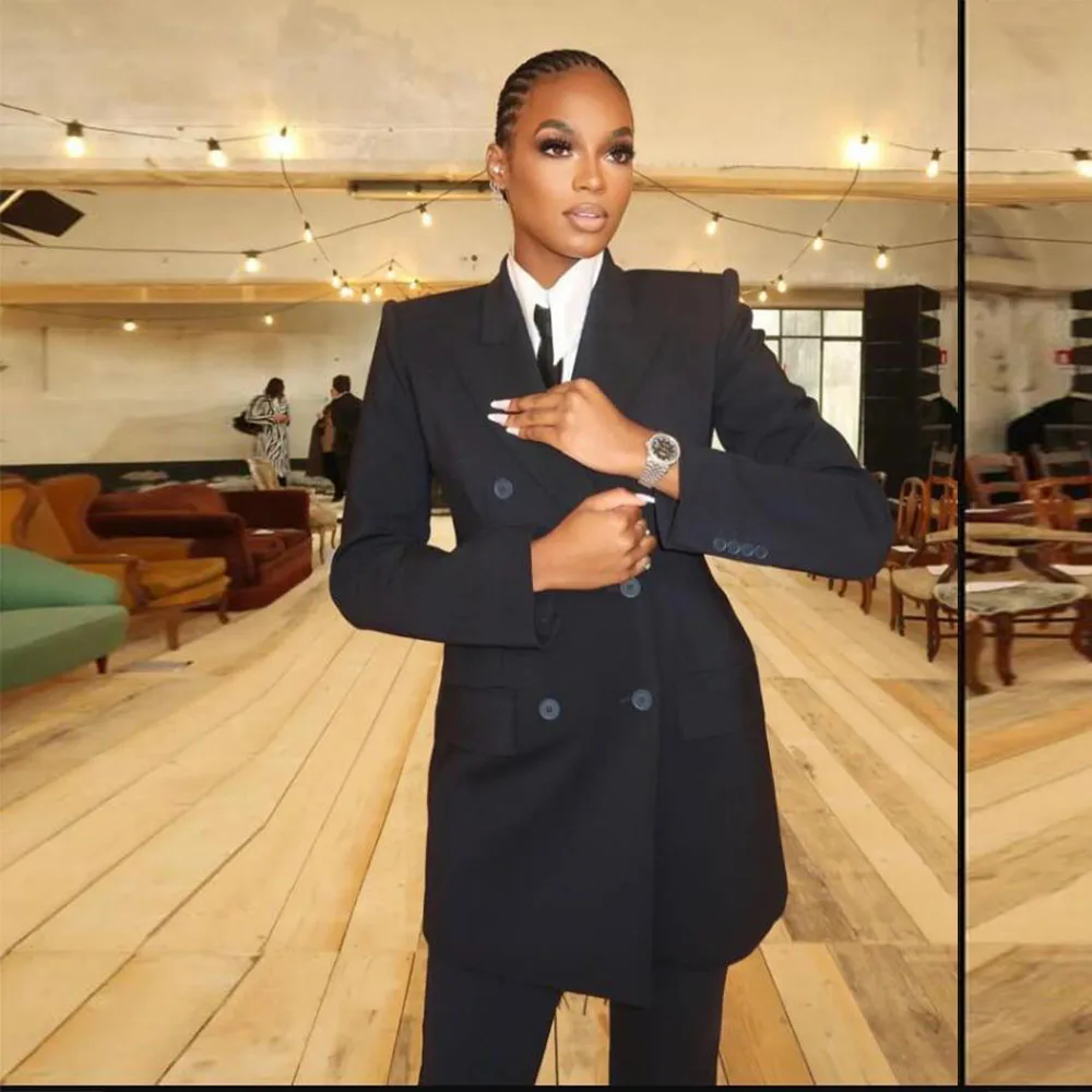 Classic Black Women Suits 2 Pieces Pants Jacket Vintage Double Bressted Blazer Wide Leg Trousers Daily Casual Power Mother Dress