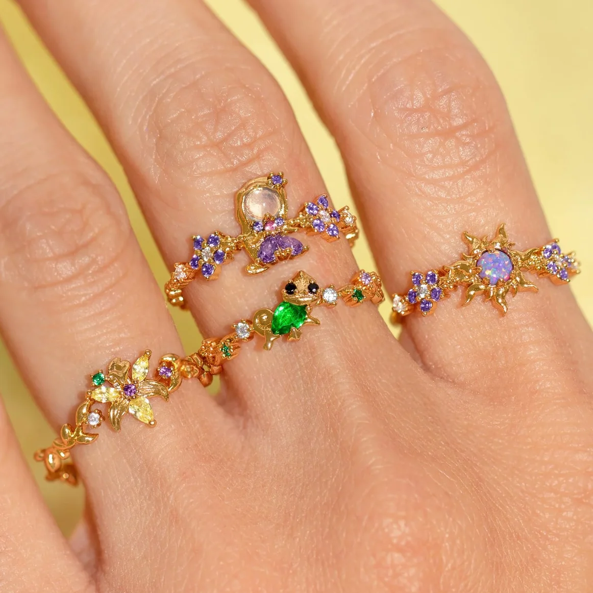 New Sweet Colorful Zircon Flower Animal Princess Open Adjustable Ring For Women Girls Cute Fshion Jewelry Gift