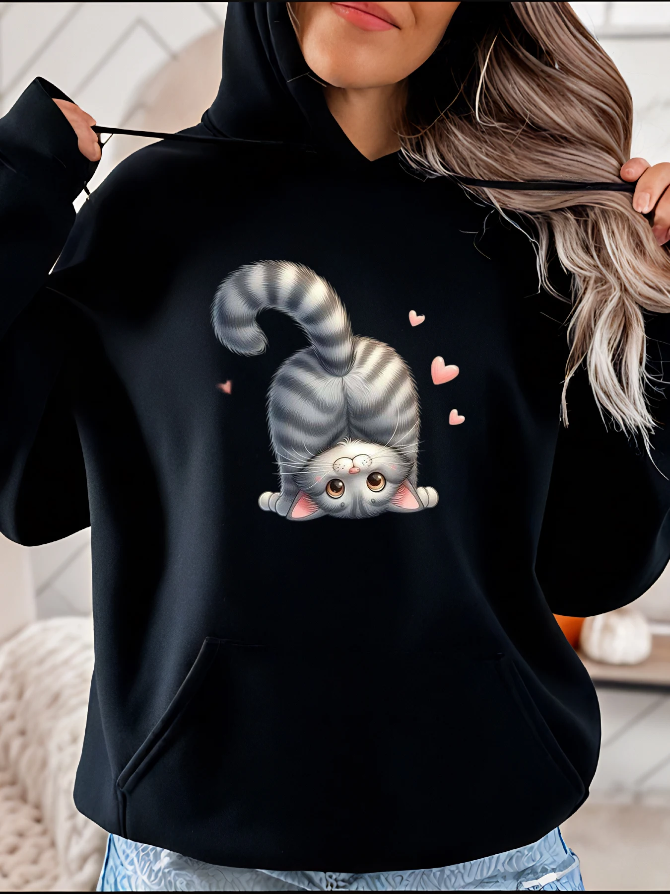 Cute Cat Print Hoodie Casual Style with Hearts Detail Women's Daily Wear